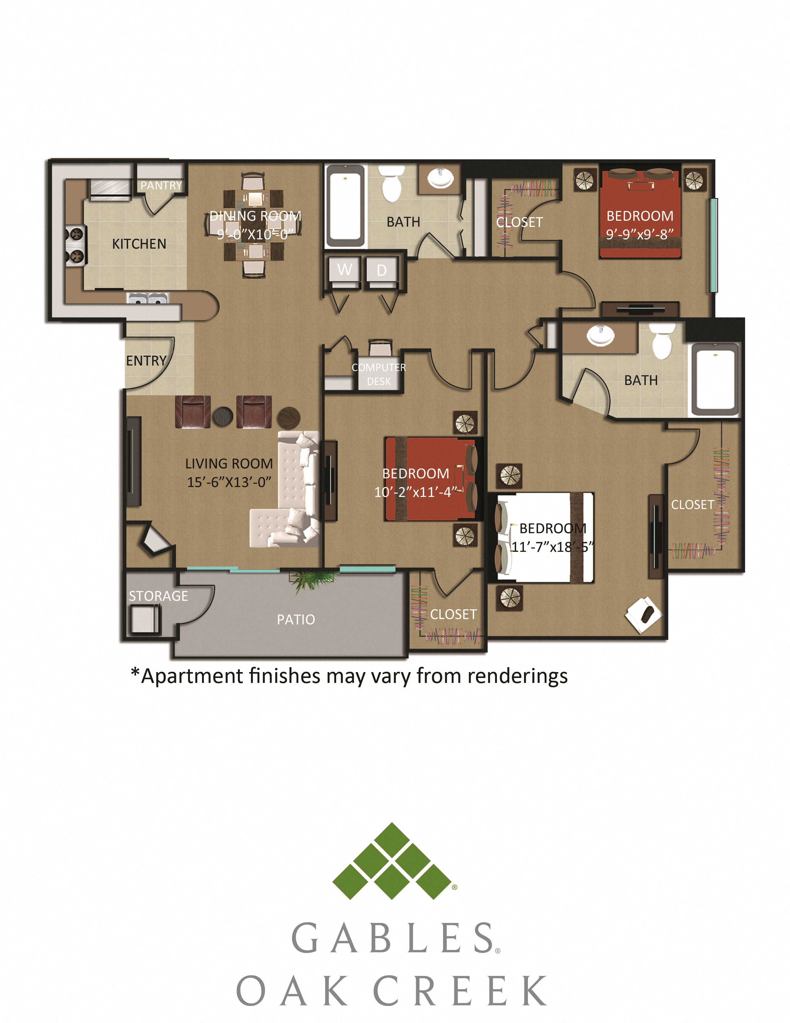 Floor plan for 3 beds, 2 baths, 1261 sqft